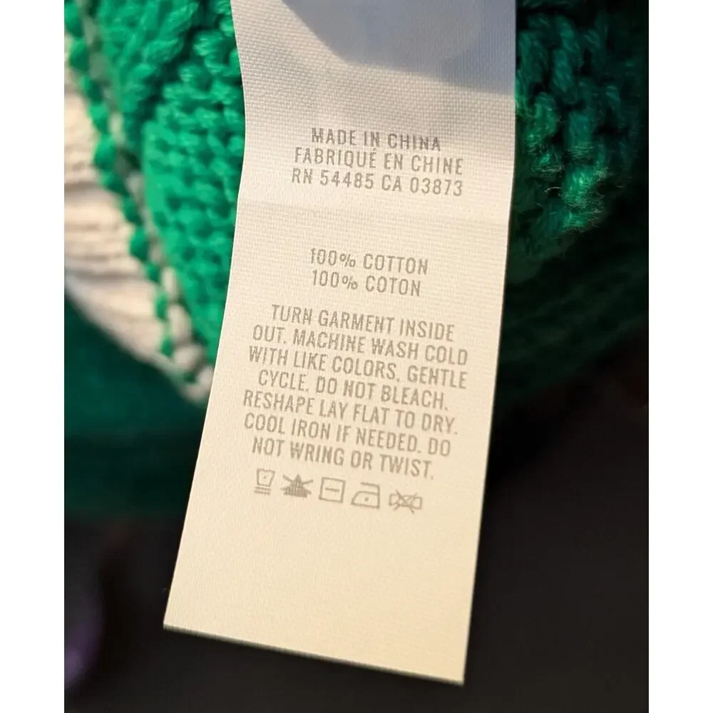 Aerie Cable Knit Sweater Medium Green White Striped V Neck Varsity Oversized